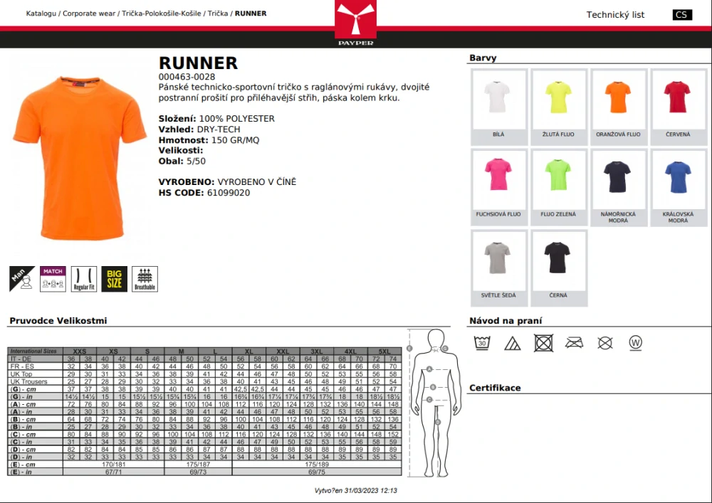 RUNNER triko pánské krátký rukáv 100% polyester drytech